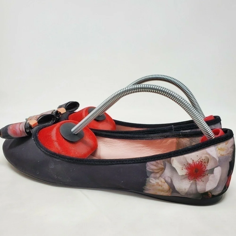 Ted Baker Immep Floral Ballet Flats Bow Black Multicolor Womens Size 7